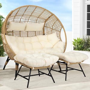 2-Person Beige Double PE Wicker Outdoor Lounge Egg Chair with Beige Cushion and 2 Pcs Ottoman