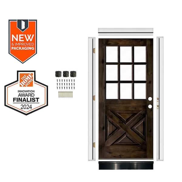 Krosswood Doors 32in. x 80 in. Knotty Alder X-Panel Left-Hand 1/2 Lite Clear Glass Black Stain Wood Front Door Kit w/Quick Assemble Jamb