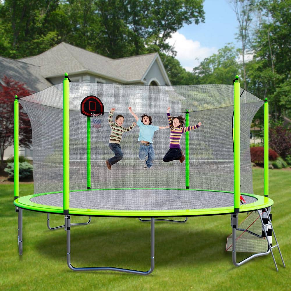 16FT Trampoline with Basketball Hoop, Soccer Goal, Pump, and Ladder-Green, 