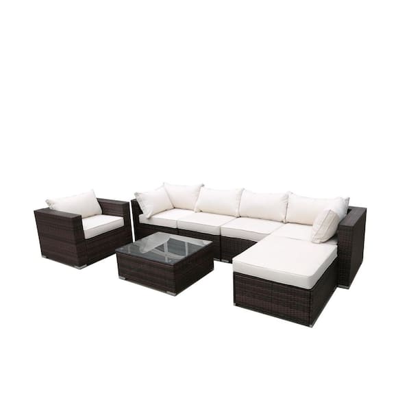 maocao hoom 7-Piece Wicker Patio Conversation Set with White Cushions