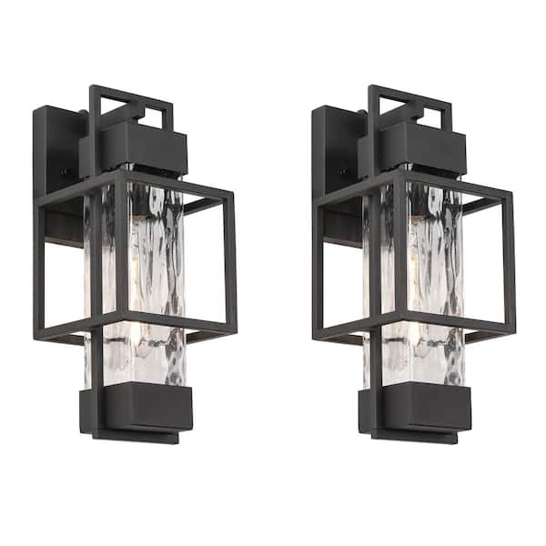 Jushua Textured Black Water Glass Dusk to Dawn Outdoor Hardwired Wall Lantern Sconce with No Bulbs Included (2-Pack)