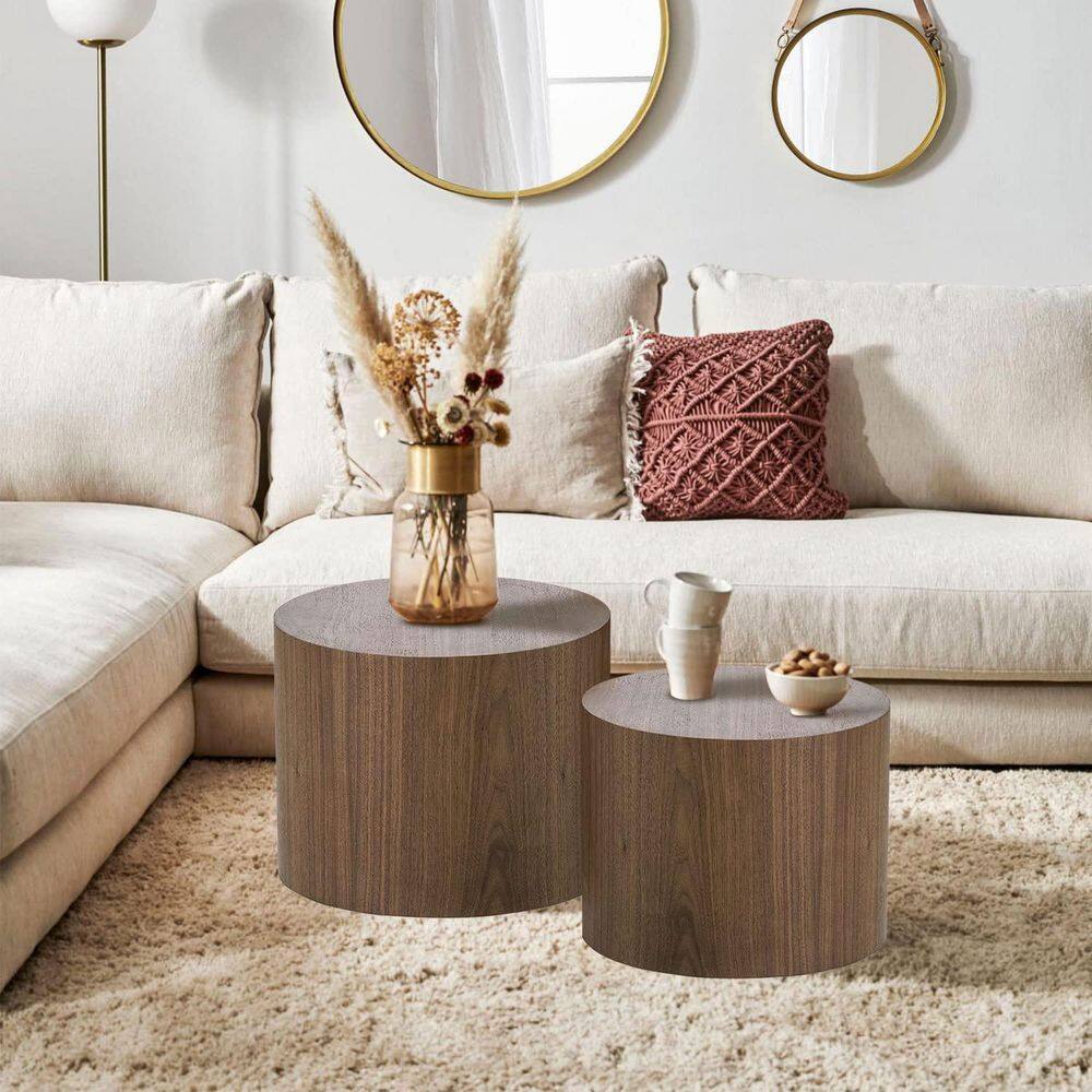 Walnut Round Wood Nesting Coffee Table Set of 2