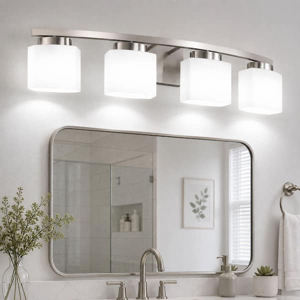 34 In. 4-Light Nickel Modern Square Vanity Light with Curved Arms and Milk White Glass Shades for Bathroom or Bedroom