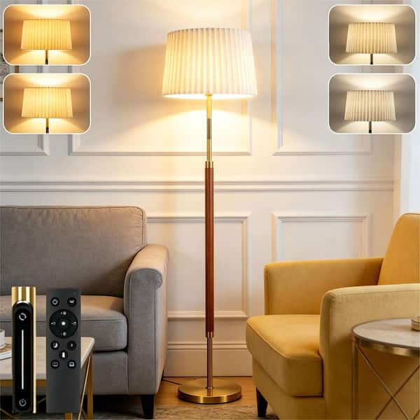 61 in. Walnut 1-Light LED Energy Efficient Standard Floor Lamp with Double Lampshade