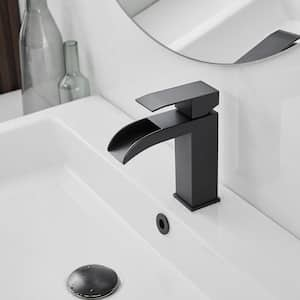 Waterfall Single Handle Single Hole Modern Bathroom Faucet With Pop up Drain Drip-Free Vanity Sink Faucet in Matte Black