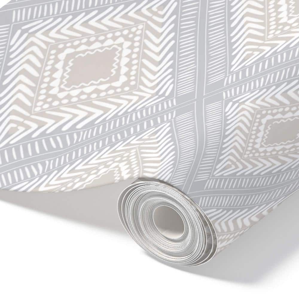 Grey and Beige Tribal Squares Peel and Stick Wallpaper Roll