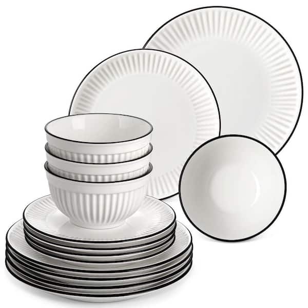 12-Piece White Color Black Trim Porcelain Dinnerware Set (Service for 4) Bowl and Plate Dining Set Tableware Service Set