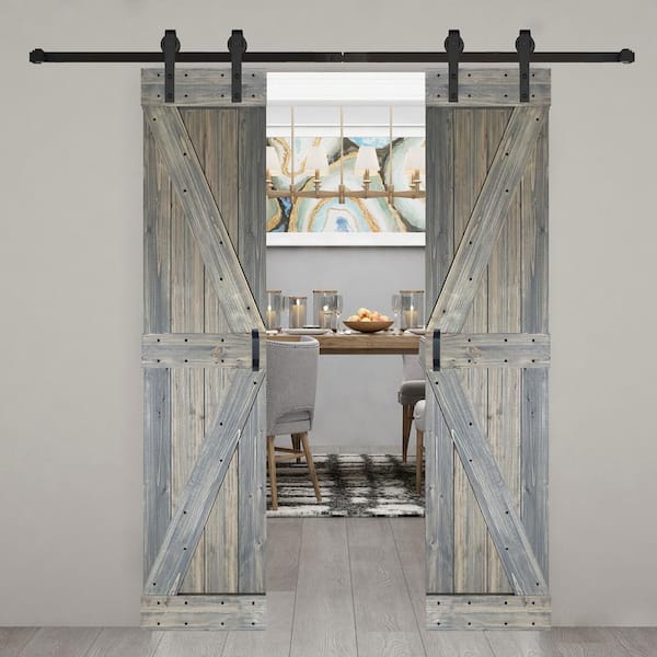 K Series 42 in. x 84 in. Aged Barrel DIY Solid Wood Double Sliding Barn Door with Hardware Kit