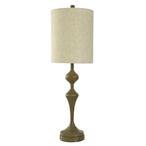 31.25 in. Roanoke Brown, Cream Sateen Candlestick Task and Reading Table Lamp for Living Room with Yellow Linen Shade