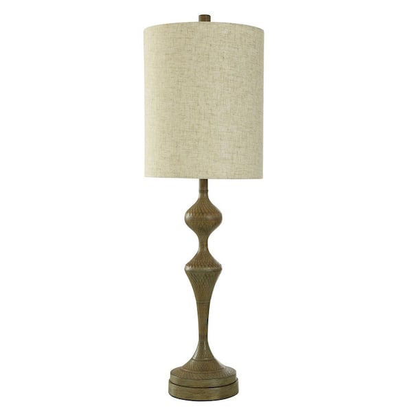 StyleCraft 31.25 in. Roanoke Brown, Cream Sateen Candlestick Task and Reading Table Lamp for Living Room with Yellow Linen Shade