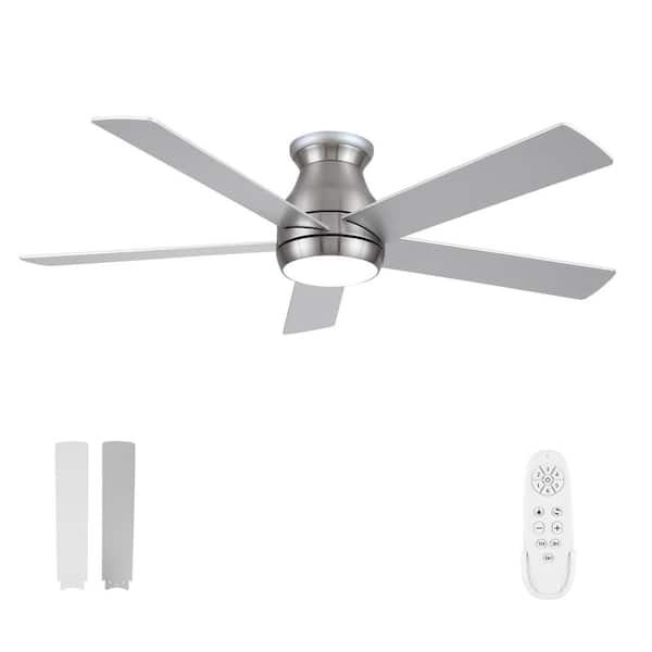 YUHAO Hoppas 52 in. Indoor Brush Nickel Flush Mount Ceiling Fan with Integrated LED Light Kit and Reversible DC Motor