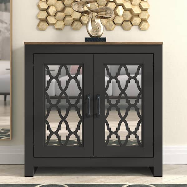 GALANO Heron Black with Knotty Oak Wood Top 30.9 in. 2-Door Sideboard