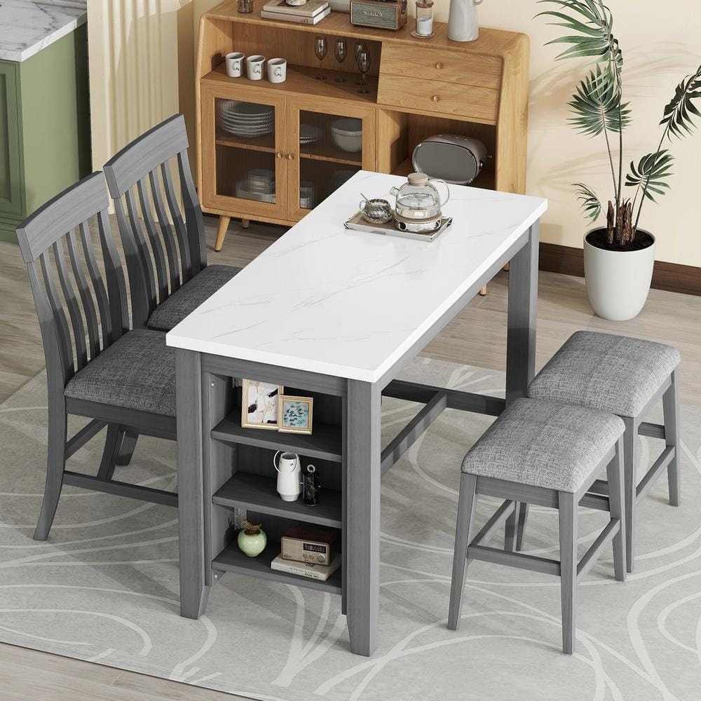 5-Piece Rectangle Gray and White Faux Marble Top Counter Height Dining Table Set Seats 4 with 2-Chairs 2-Stools, Shelves -  Harper & Bright Designs, GCCPXQS00143