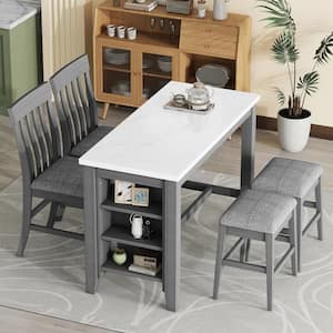 5-Piece Rectangle Gray and White Faux Marble Top Counter Height Dining Table Set Seats 4 with 2-Chairs 2-Stools, Shelves