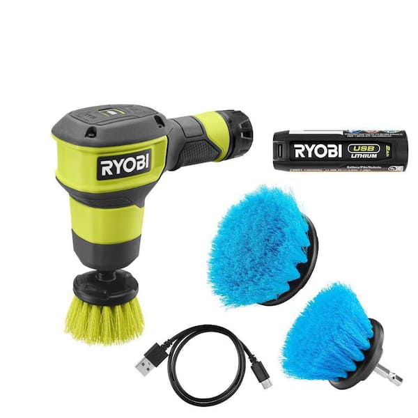 RYOBI USB Lithium Compact Scrubber Kit with 2.0 Ah Battery, and
