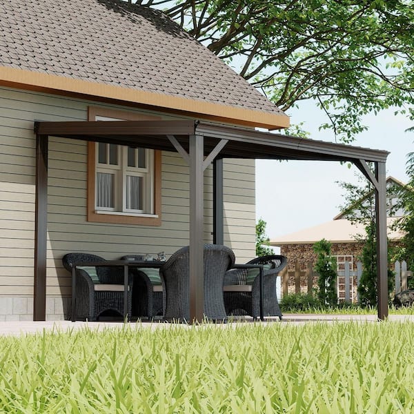 10 ft. x 10 ft. Brown Hardtop Wall Mounted Lean to Gazebo with Sloping Galvanized Steel Roof
