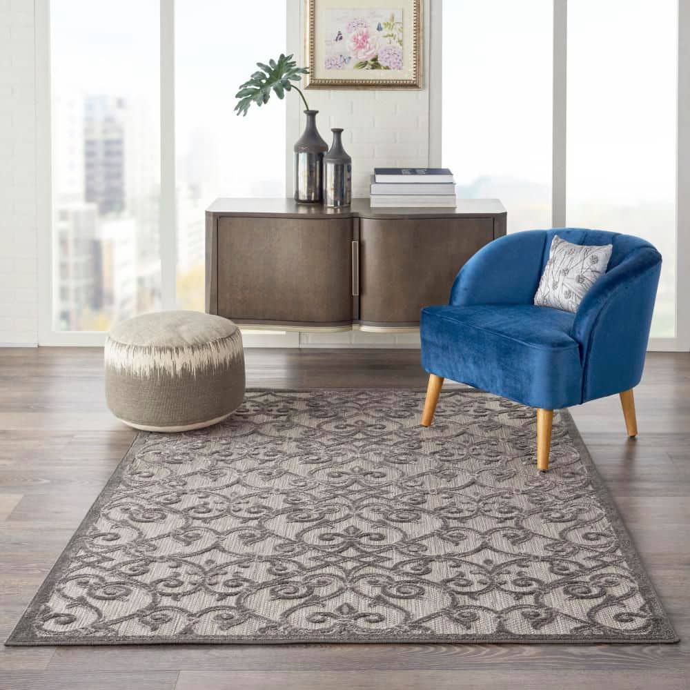 Aloha Floral Grey Charcoal Round 43" Synthetic Outdoor Rug