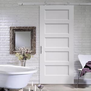36 in. x 84 in. Conmore Primed Smooth Molded Composite MDF Barn Door with Modern Hardware Kit