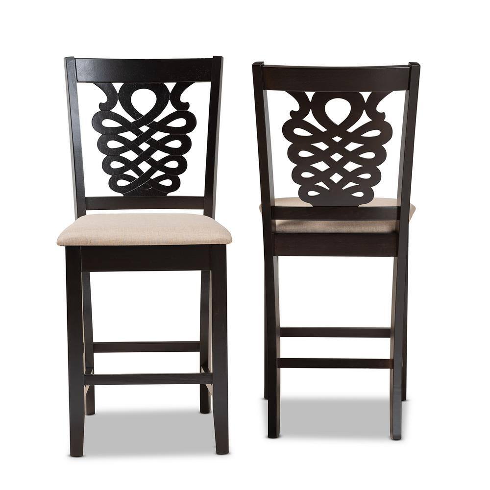 Gervais Transitional Beige Fabric and Dark Brown Wood Counter Stool Set
