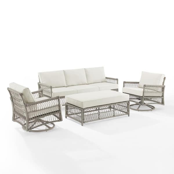 CROSLEY FURNITURE Thatcher Driftwood 4-Piece Wicker Patio Conversation Set with Creme Cushions