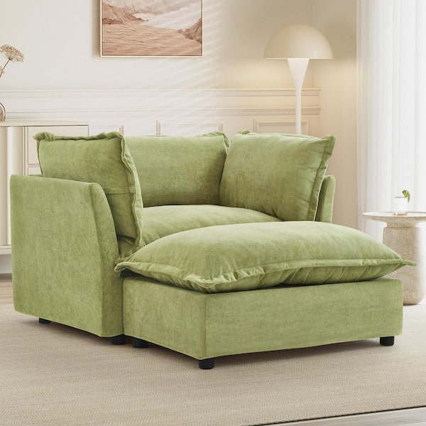Green Chenille Upholstered Sofa Armchair with Movable Ottoman, Curved Armrests and Soft Pillows