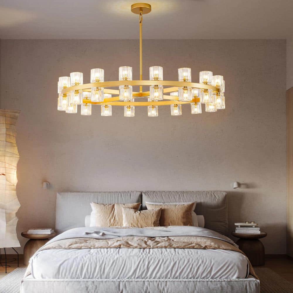 36-Light Gold Round Crystal Chandelier with LED Bulbs