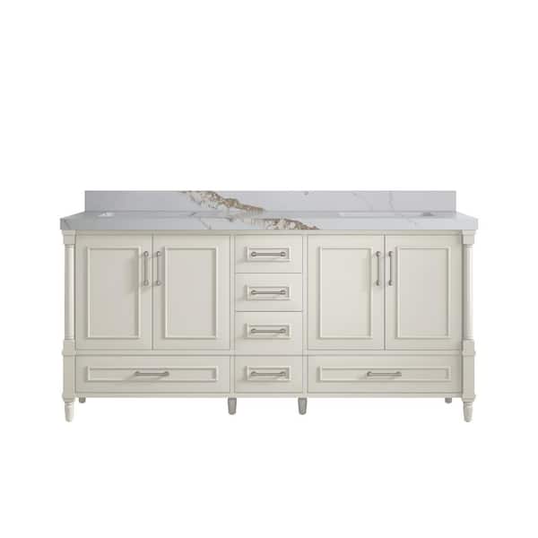 Willow Collections Hudson 72 in. Double Sink Freestanding Alabaster Bath Vanity with Calacatta Gold Quartz Top Unassembled