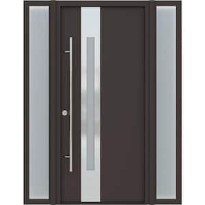 ZEPHYR 61" x 82" Right-Hand/Inswing+Sidelite-left/right Frosted Glass BROWN/WHITE Steel Prehung Front Door+Hardware Kit