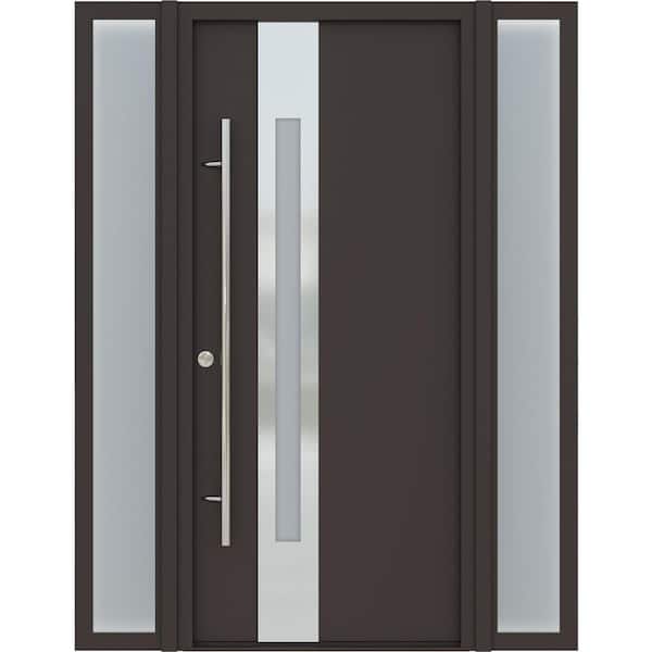 Belldinni ZEPHYR 61" x 82" Right-Hand/Inswing+Sidelite-left/right Frosted Glass BROWN/WHITE Steel Prehung Front Door+Hardware Kit