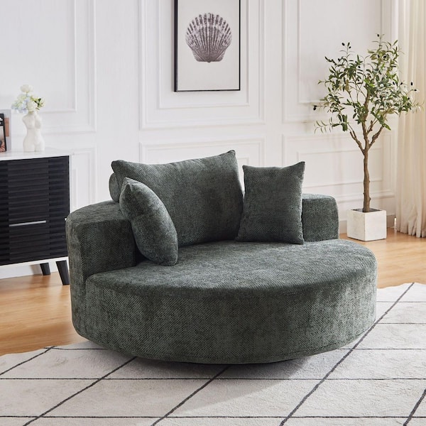 Giles Green 360° Swivel Chenille Upholstered Barrel Accent Arm Chair, Full Foam Sleeper Single Sofa with Pillows