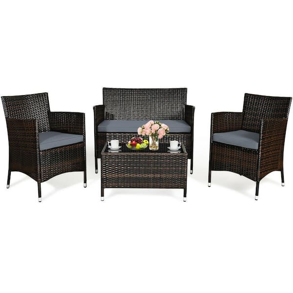 FORCLOVER 4-Piece Wicker Patio Conversation Set with Turquoise Cushions
