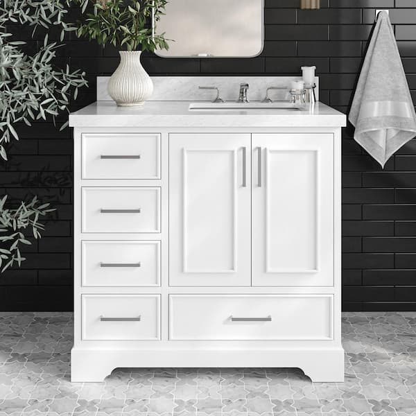 ARIEL Stafford 37 in. W x 22 in. D x 36 in. H Right Single Sink Bath Vanity in White with Carrara White Marble Top