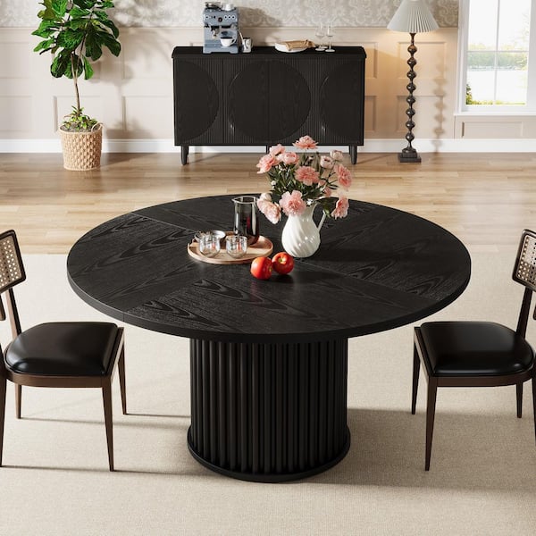 Alan 47 in. Round Black Engineered Wood Pedestal Dining Table Seats 4, Modern Dinner Kitchen Table with Fluted Base
