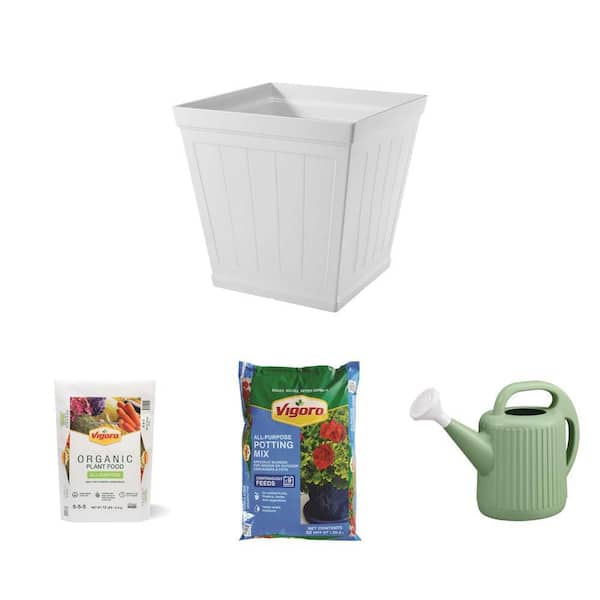 20 in. Eden White Resin Square Planter, 12 lb. Organic Plant Food, 32 qt. Potting Soil, and 2 Gal. Watering Can Combo