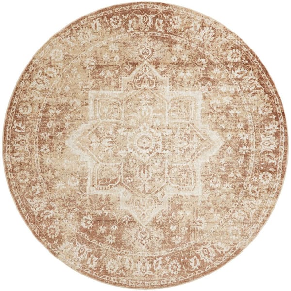 Astra Machine Washable Rust 8 ft. x 8 ft. Distressed Traditional Round Area Rug