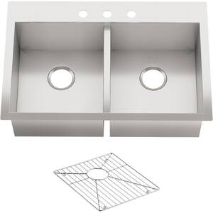 Vault Dual Mount Stainless Steel 33 in. 3-Hole Double Bowl Kitchen Sink