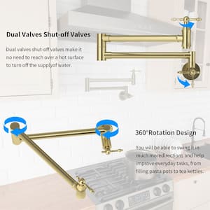 Traditional Double Handle Wall Mount Pot Filler with Solid Brass Instruction Faucet in Brushed Gold