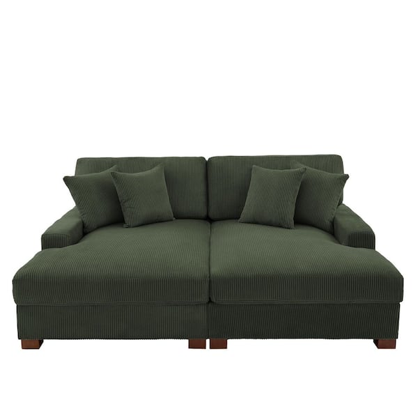 83 in. Square Arm Green Corduroy Fabric Upholstered Sectional Sofa With Four Pillows And Wood Leg