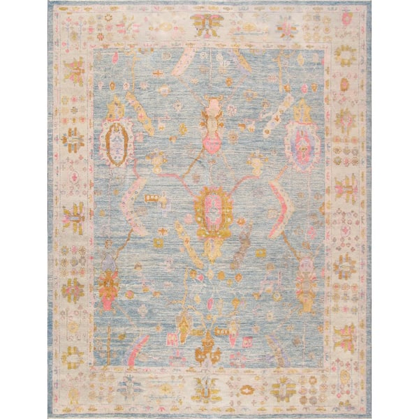Pasargad Home Oushak Light Blue/Ivory 12 ft. x 14 ft. Floral Wool Area Rug