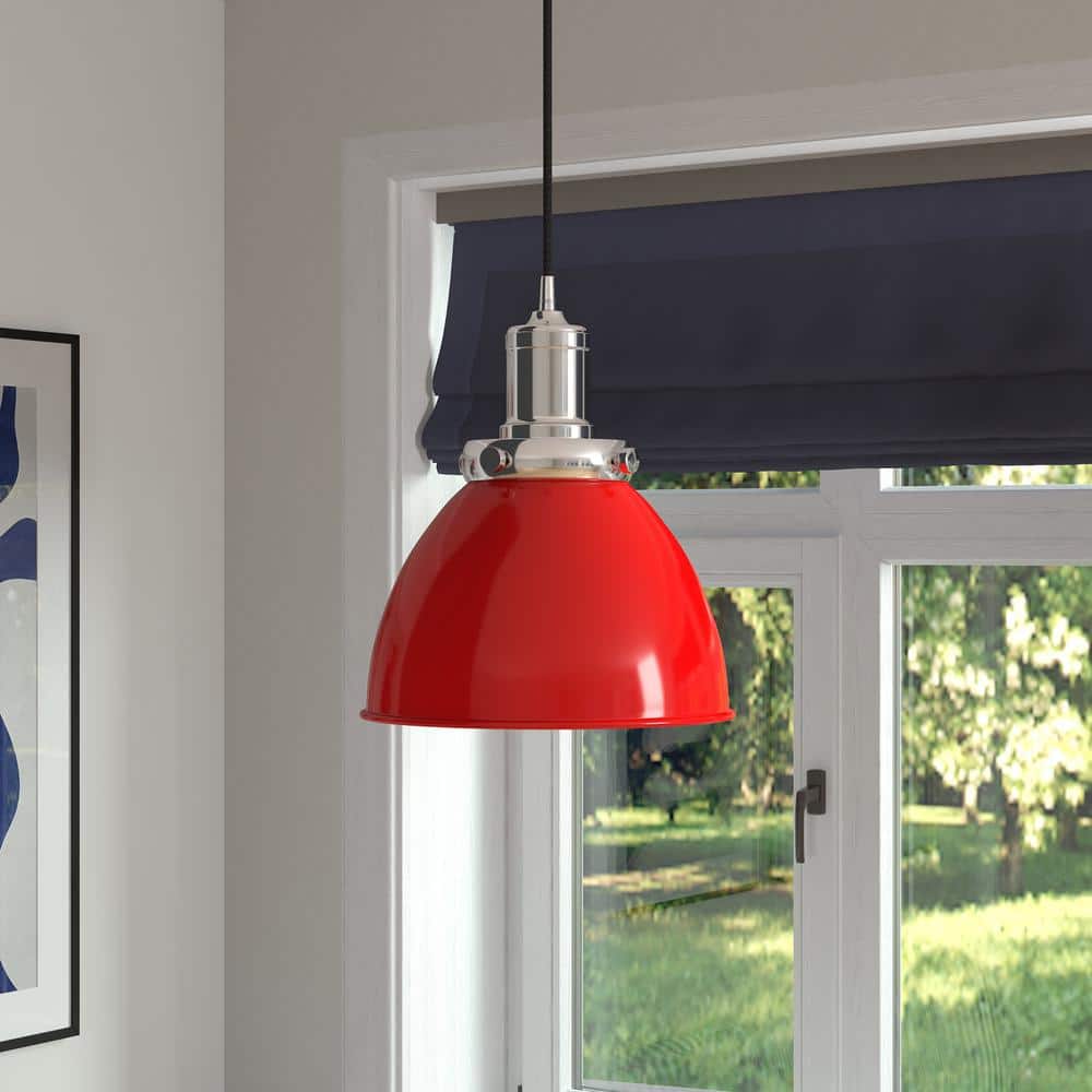 Modern Poppy Red 12" Polished Nickel Bowl Pendant Light