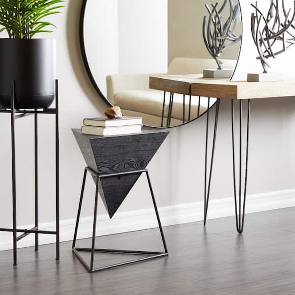 Litton Lane 17 in. Black Inverted Pyramid Geometric Large Triangle Wood End Table with Black Metal Stand