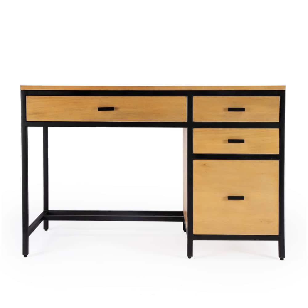 Hans 48" Natural Wood and Black Storage Desk with Filing Cabinet