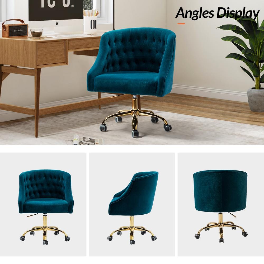 Teal Velvet Swivel Task Chair with Gold Metal Legs
