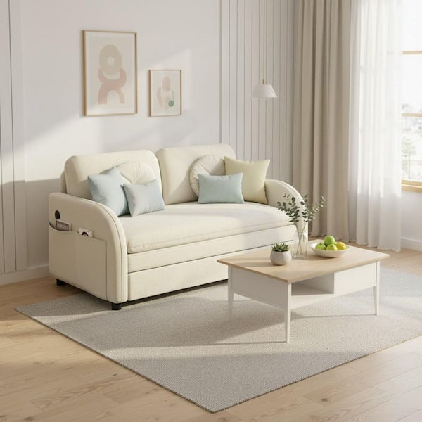 YONOF 52.4 in. Cream White 3-in-1 Chenille Full Size Convertible Pull-Out Sofa Bed w/ USB Port and Side Storage Pockets