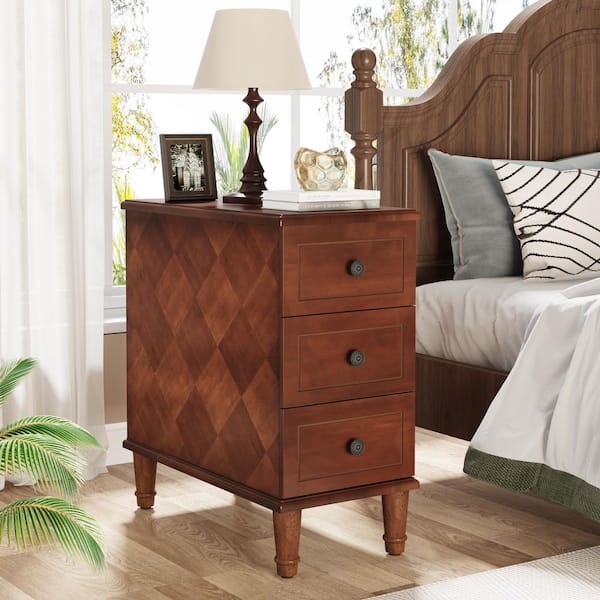 BYBLIGHT Kerlin 23.62 in. W Brown Rectangle Fully Assembled Wood End Side Table Vintage 3-Drawers Bedside Nightstand Home Office