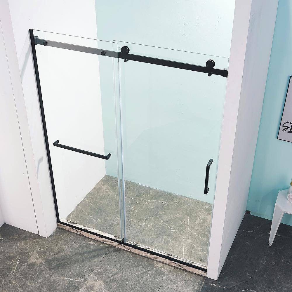 Matte Black Semi-Frameless Sliding Shower Door with Tempered Glass