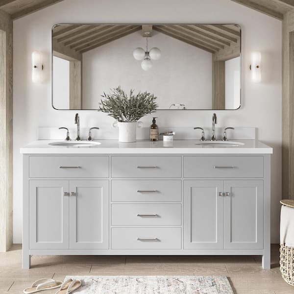 ARIEL Bristol 72 in. Double Sink Freestanding Bathroom Vanity in Gray with Pure White Quartz Top