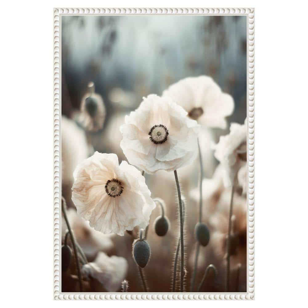 White Poppy Field Beaded Framed Canvas Wall Art
