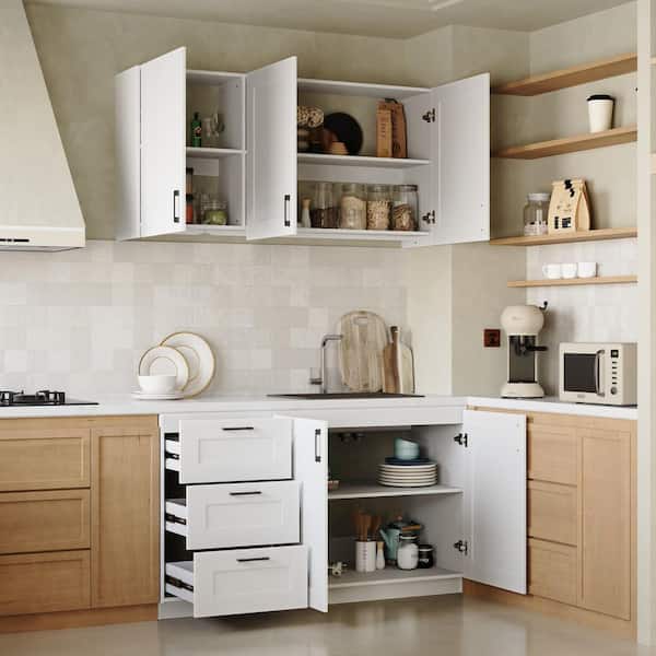 White Wood Buffet Set with Wall-Mounted Upper Cabinet, 3-Drawer Base Cabinet & Multi-Storage Compartments