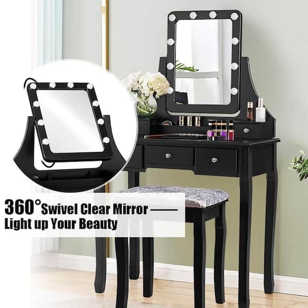 Black vanity desk with mirror and lights discount